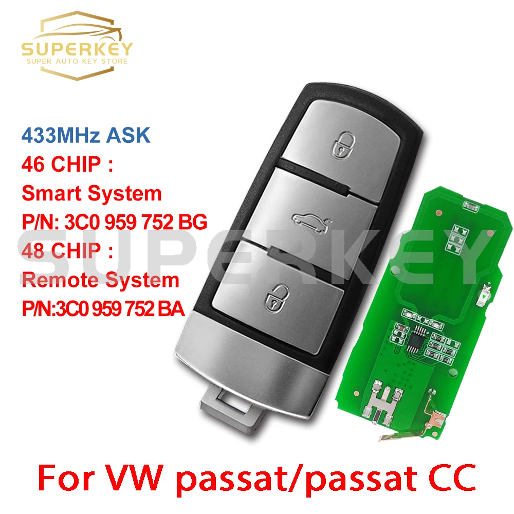 

SUPERKEY 3C0959752BA 3 Buttons 434MHz Remote Car Key for 2004-2015 VW Passat B6 3C B7 Magotan CC with ID48 Chip 3C0 959 752 BA