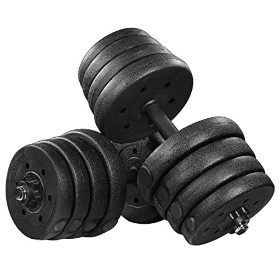 A Pair of 35lb Dumbbell Weight Set for home gym use, cast iron with black epoxy coating, ergonomic knurled handle for secure gr