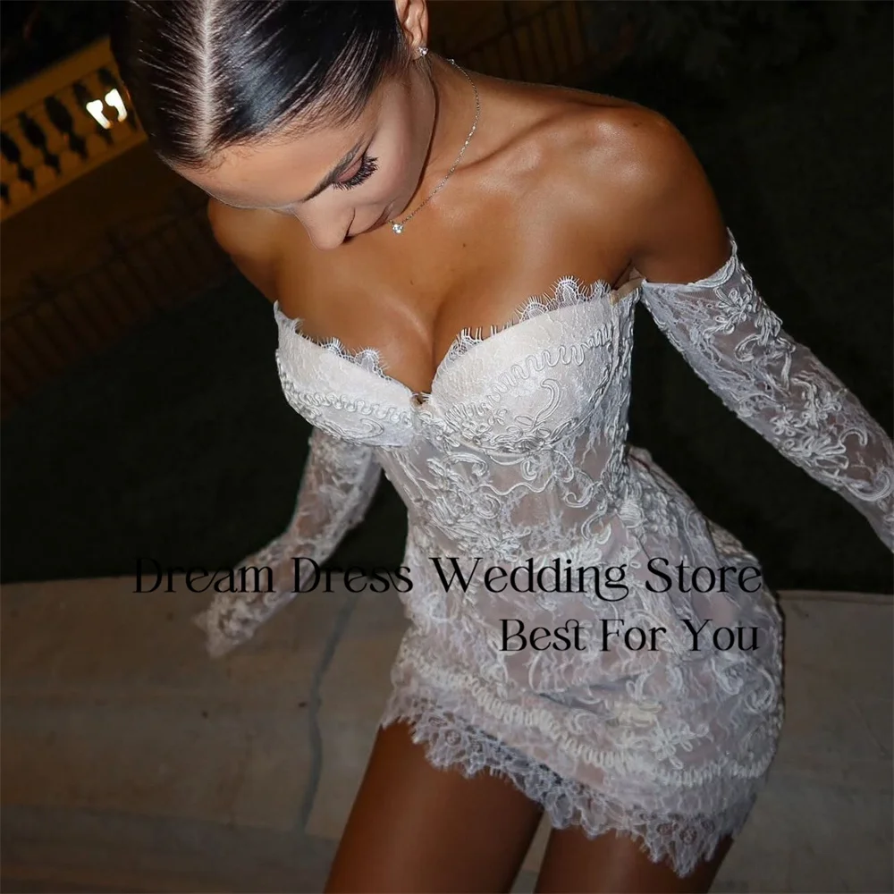 حلم الدانتيل الحبيب غمد فستان زفاف قصير المرأة 2025 كم طويل قبالة الكتف فستان زفاف Vestido De Novia مخصص