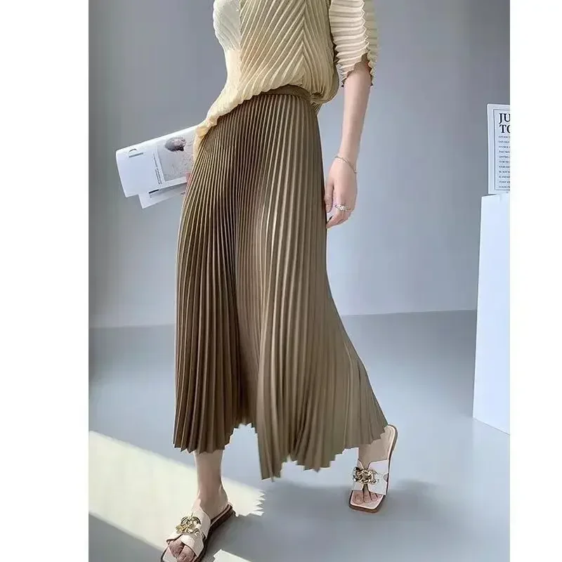 Elegante cintura alta saias longas para mulheres cintura elástica 2025 outono coreia moda saia plissada senhoras soltas saia linha a