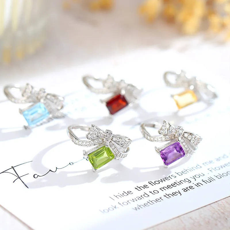 925 Sterling Silver Resizable Size Ring for Women Bowknot Shape Fine Gorgous Natural Topaz Citrine Garnet Amethyst Peridot