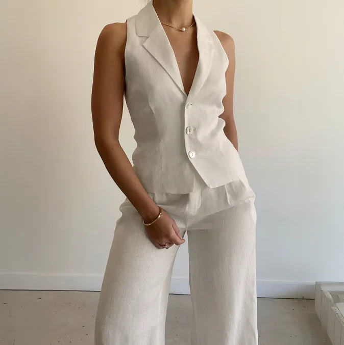 Solid color vest top and straight leg pants set