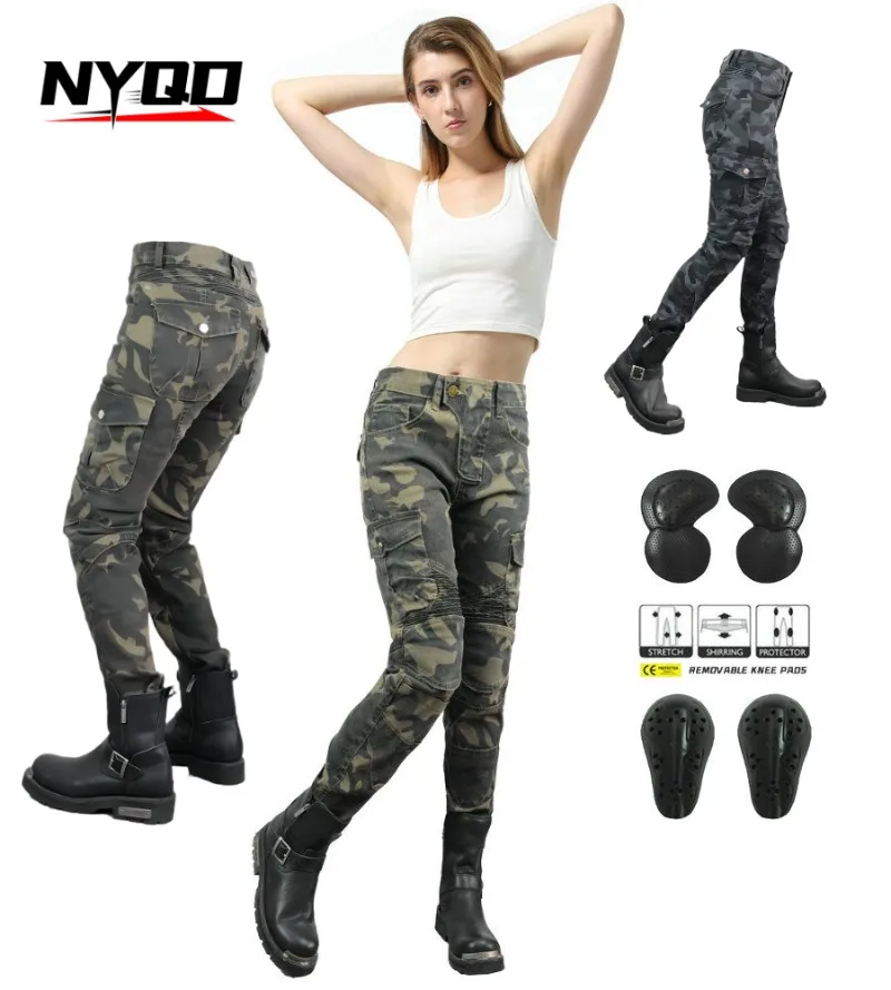 Women's Camo Stretch Denim Motorcycle Pants Upgraded Protective Armor for Racing Riding