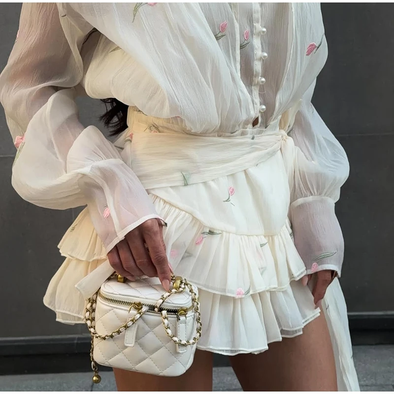 2026 Spring Summer Floral Embroidered Chiffon Wrap Tie Waist Ruffle Mini Dress Sheer V-Neck Romantic Feminine Women Date Vestido