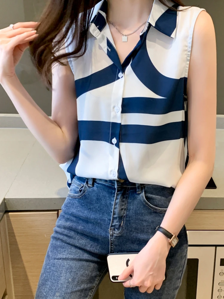 2023 Summer Womens Tops Chiffon Blouse for Women Sleeveless Vest Button Up Shirt OL Fashion Female Clothing Stripe Casual Shirts