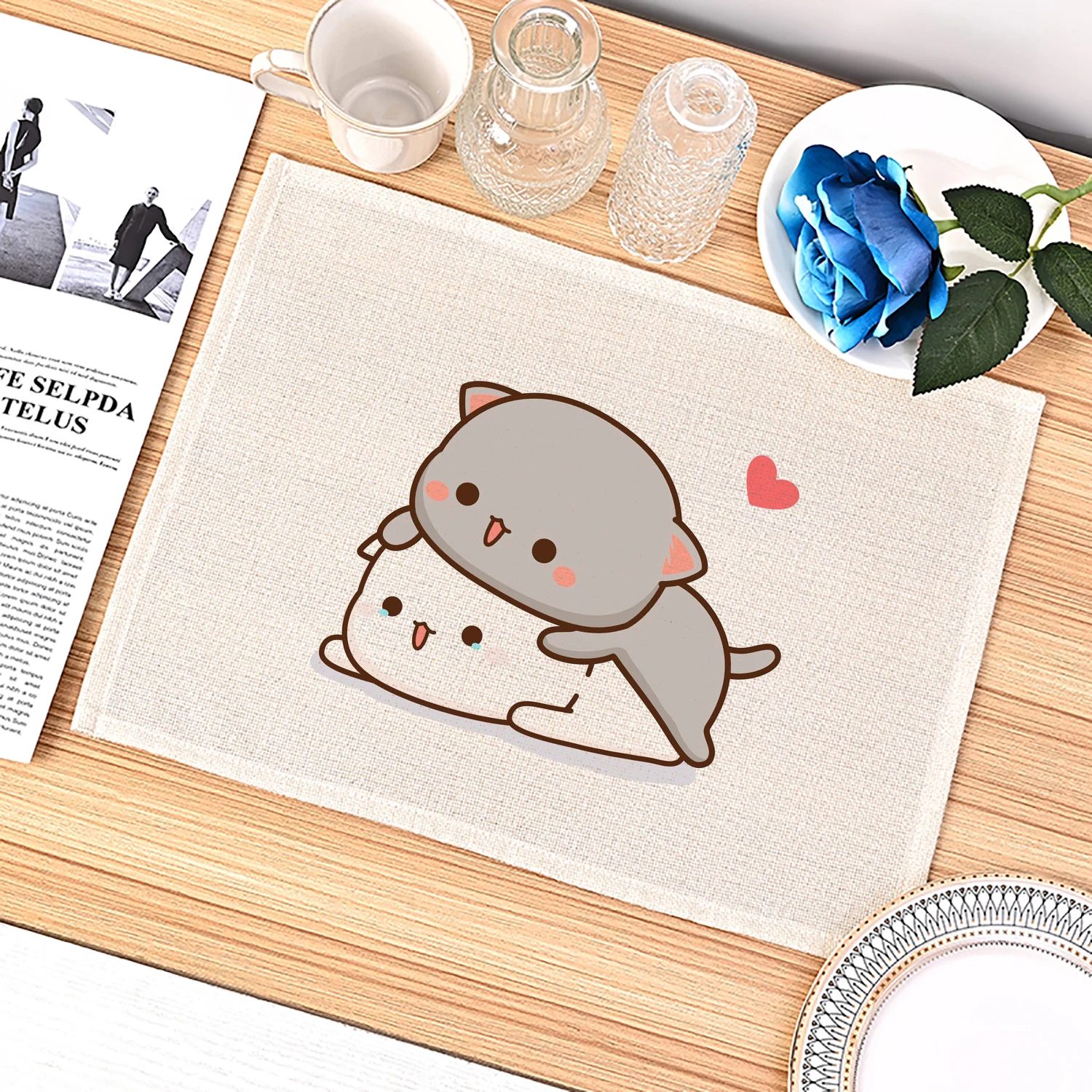 Peach and Goma Cartoon Funny Cute Placemats Kitchen Placemats Mocha Mochi Peach Cat Coasters Linen Mats Coffee Cups Table Mats