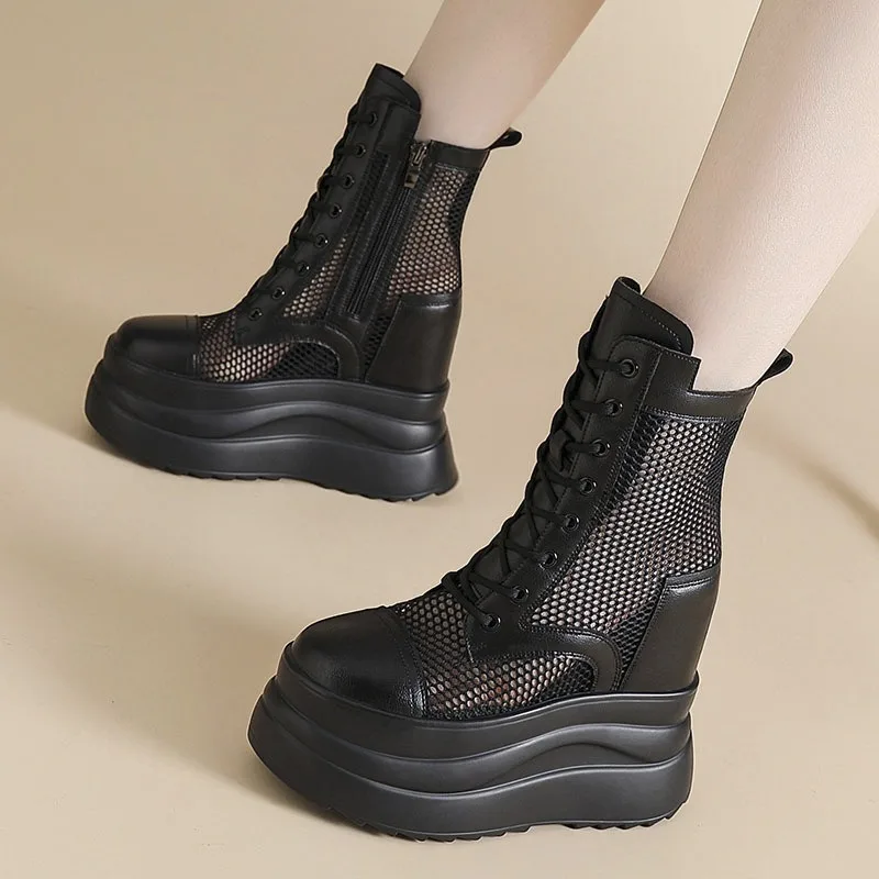 Women's Leather Boots Fashion Muffin Wedges Heel Boots Inner Height Increase Boot Breathable Hollow Mesh Boot Summer Cool Boots