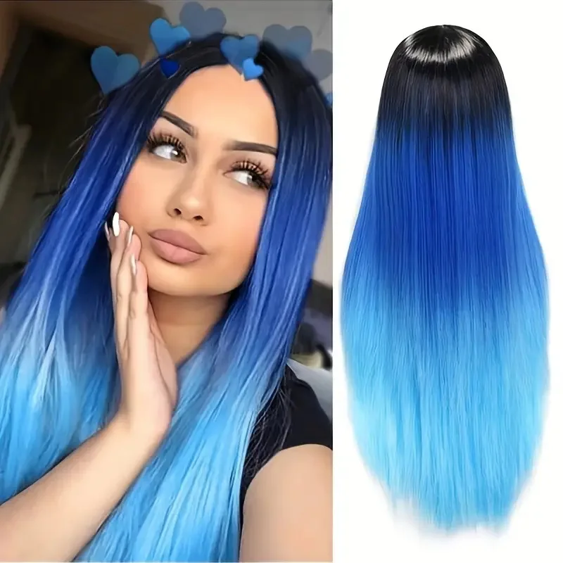 fashion women's three-color gradient mid-parted long straig Wig