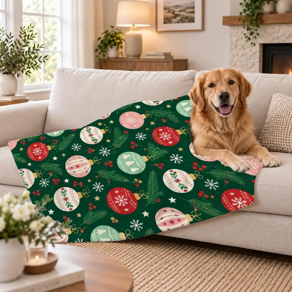 Pattern Christmas Bauble Scatter Pattern Throw Soft Plush Flannel Pet Blanket, Home Decor Cover for Sofa, Bed, Trip & Picnic