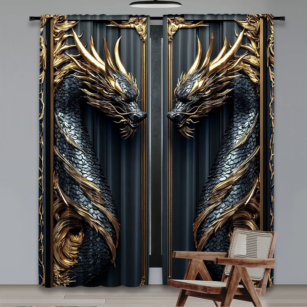 2Pcs Dragon Totem On The Door Patterned Curtains Suitable For Bedroom Kitchen Dining Room Living Room Study Office Bathroom