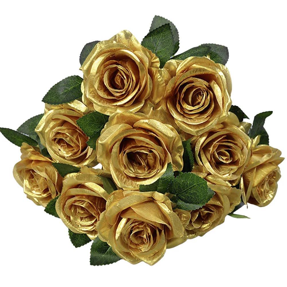 

Artificial Gold Rose Bouquet 10 Heads Realistic Silk Flowers Wedding Decoration Party Table Centerpieces Fake Roses for Home