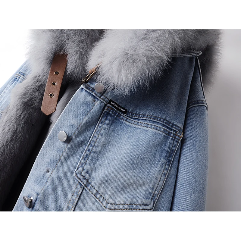 Winter Thick Real Fox Fur Collar Rabbit Fur Liner Denim Jacket Women Outerwear Vintage Blue Big Pocket Loose Jeans Jacket Female