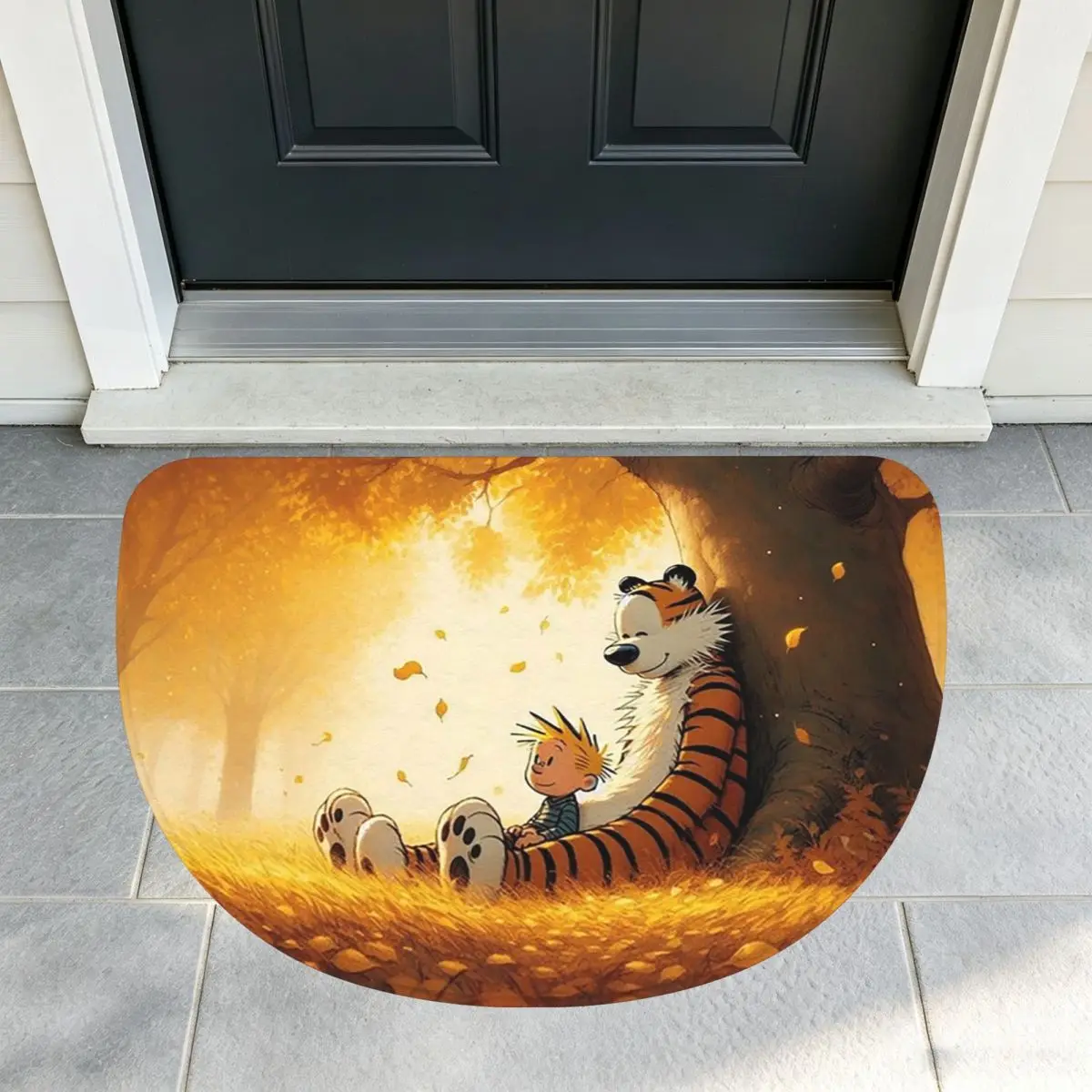 Calvin Hobbes Classic Soft Flannel Half Round Doormat Non Slip Bathroom Mat Absorbent Floor Carpet for Laundry Room Bathroom