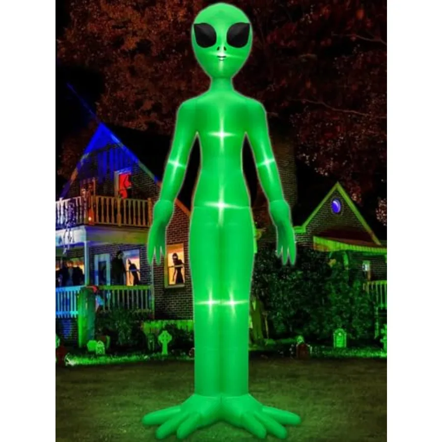 Halloween outdoor decoration: 14 Ft inflatable alien, PVC material, green color, built-in LEDs for night visibility