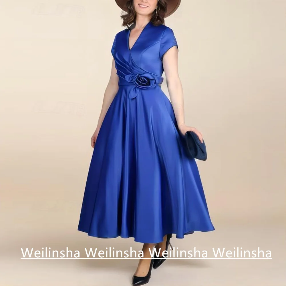 

Royal Blue Mother of The Bride Dress Customized Short Sleeves Pleat Flower V Neck Ankle Length A Line Wedding Guest Gown