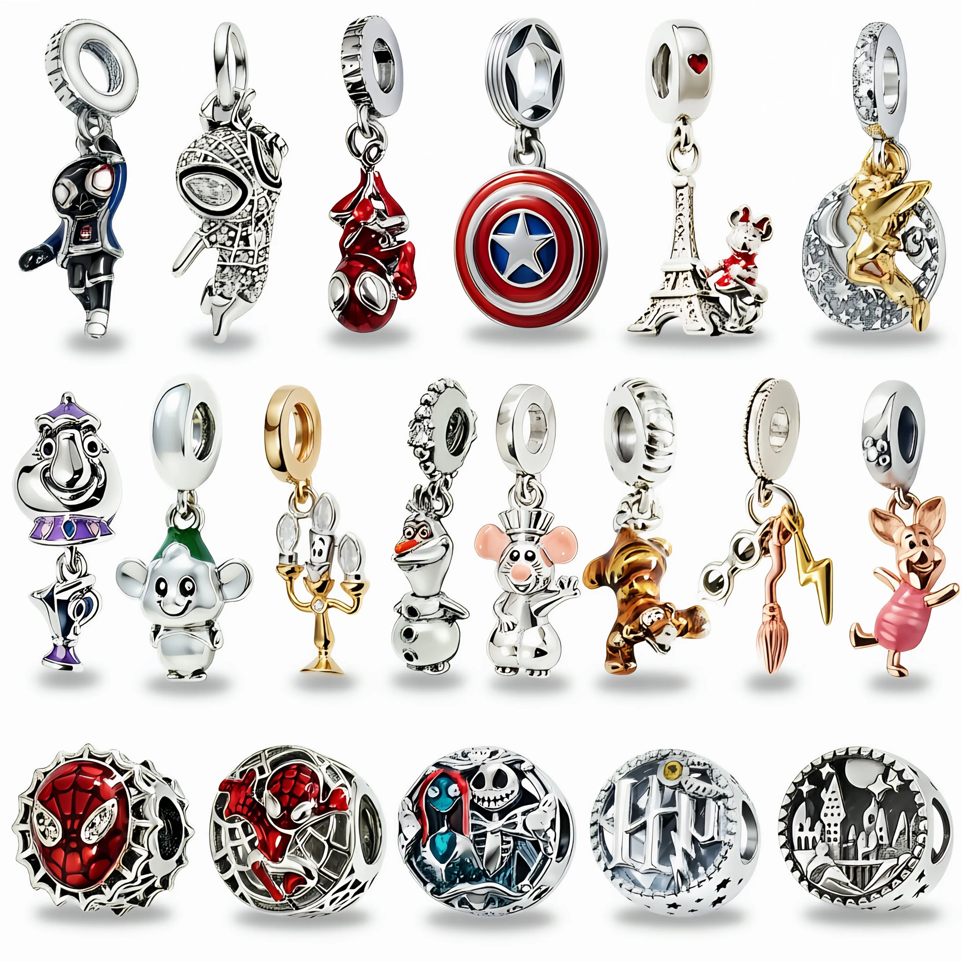 Item Popular: Miçanga Redonda DIY com Temas Homem-Aranha, Cozinha, Rato, Rei, Pequeno Ding Dang, Compatível com Vários Tipos de Pulseiras de Osso de Cobra, Presente de Joia