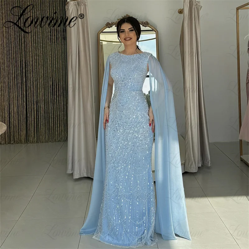 Abendkleider Blue Mermaid Prom Dresses 2024 Customize Arabic Dubai Beaded Formal Evening Gowns For Women Cape Sleeve Party Dress