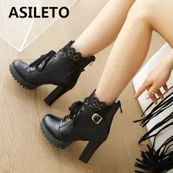 ASILETO Ankle Women Booties Round Toe Block Heels 10cm Platform Zipper Lace Up Belt Buckle Big Size 41 42 43 Sexy Dating Boots