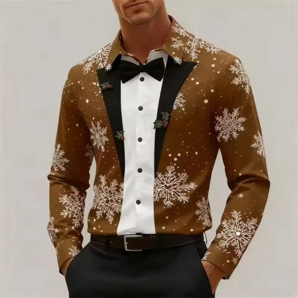 

2025 New Style Men's Christmas Snowflake Bow Tie Christmas Outfit Shirt Long Sleeve Fashion Casual Outdoor Holiday Gift Shirt