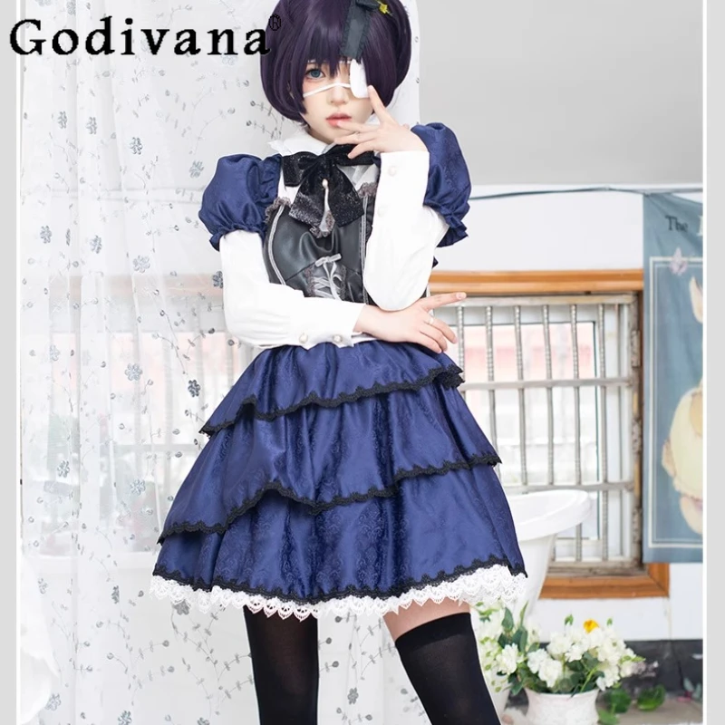 

Japanese Lolita Sweet Peter Pan Collar Bow Long Sleeve Cos Dresses Spring Autumn Girl High Waist A-line Age Reduction Cake Dress