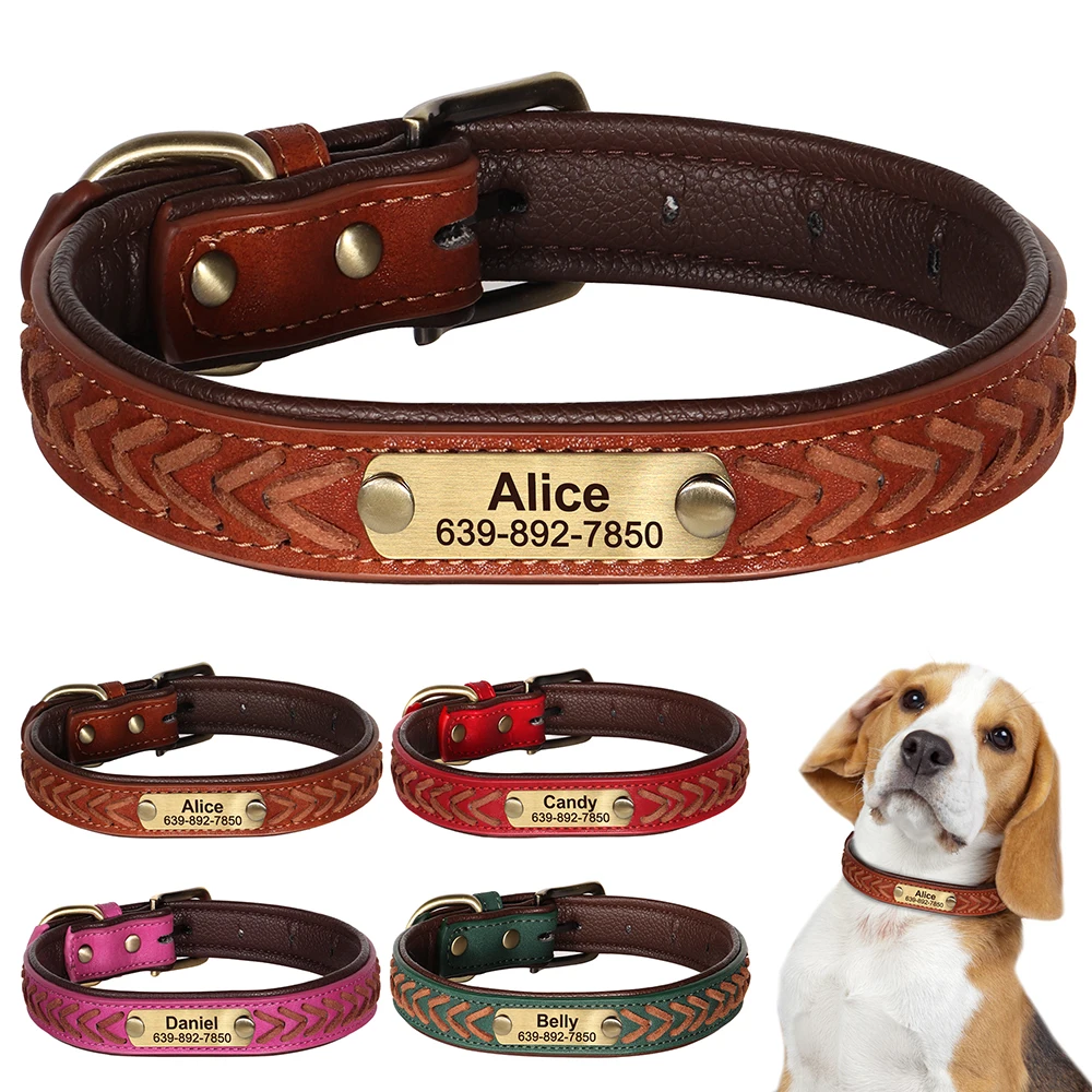 Genuine Leather Custom Dog Collar Personalized Puppy Dog ID Collars Padded Pet Necklace Adjustable for Small Medium Large Dogs