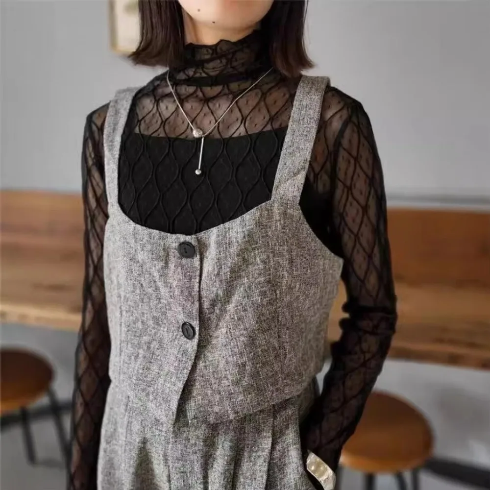 

Сексуальный элегантный топ с высоким воротником, однотонный сетчатый топ из ткани, дышащий кружевной топ с полым узором для женщин