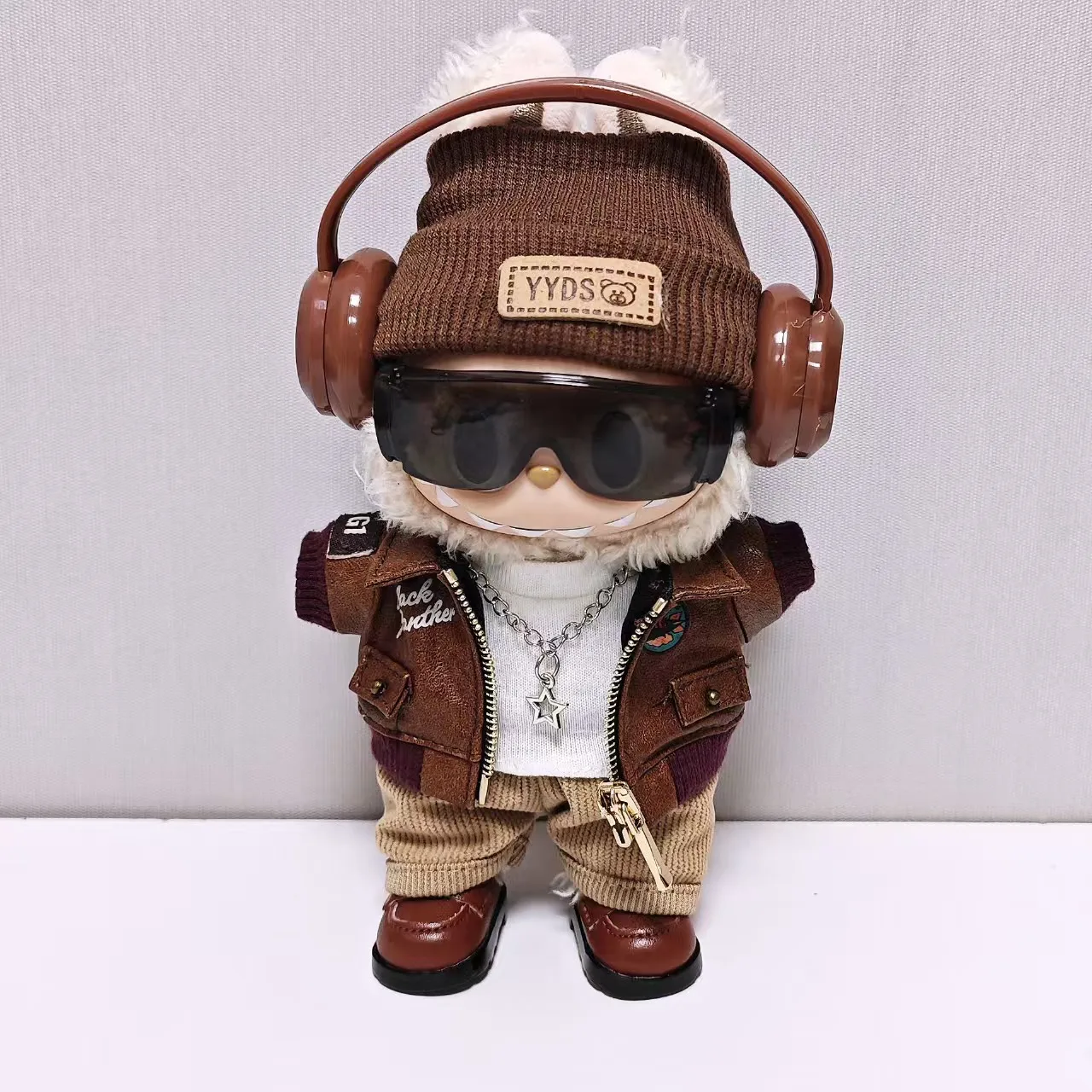 

Для Labubu высококачественная отборная кукольная одежда 15 см-17 см коричневый модный комплект кожаной куртки в стиле ретро, универсальная одежда Labubu