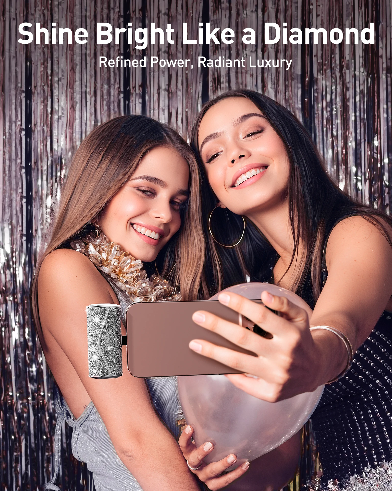 Banco de potência de luxo iWALK |   5000mAh |   Carga Rápida 22,5W |   Tamanho do batom |   Diamante - Design Brilho |   USB - C Construído - em