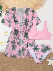 3 Pieces Tropical Print Bikini 2026 Girls Swimsuit with Kimono Kids Swimwear Female Bathers Bathing Swimming Swim Suit Beachwear