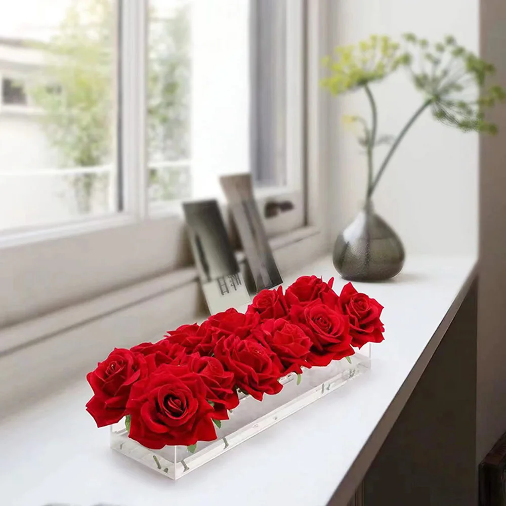 Rectangular Transparent Acrylic Plastic Rose Vase Wedding Table Flower Stands, Decorative Supplies, 10 Hole, 12 Hole, 14 Hole