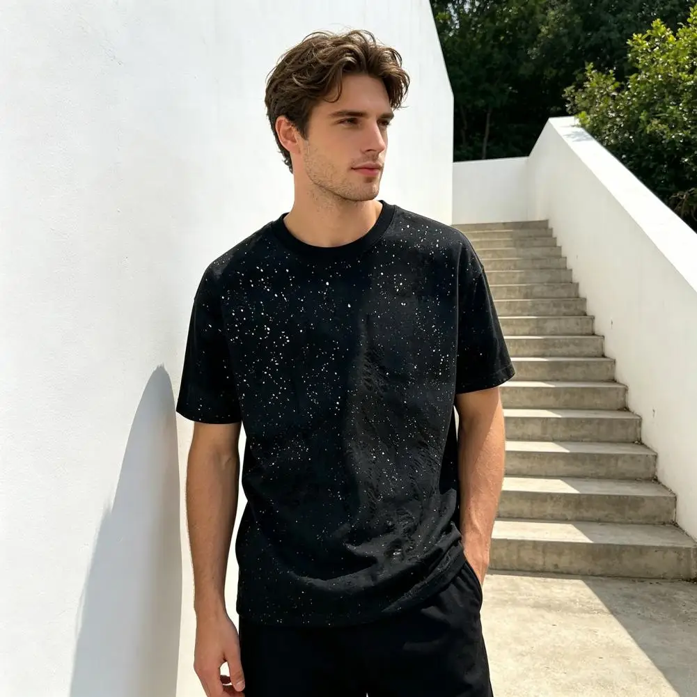 Men Stylish Shabby T-Shirt Stylish Top Loose Fit Casual Tee Sparkling Embellishment Summer Tee Shirt for Party Holiday