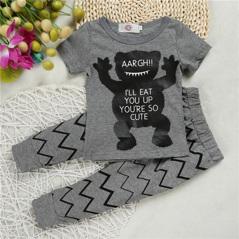 Dropshipping New Spring Autum Children\'S Clothing Baby Boy Clothing Set Little Cotton Monster Short Sleeve 2 Pcs Animal Bear