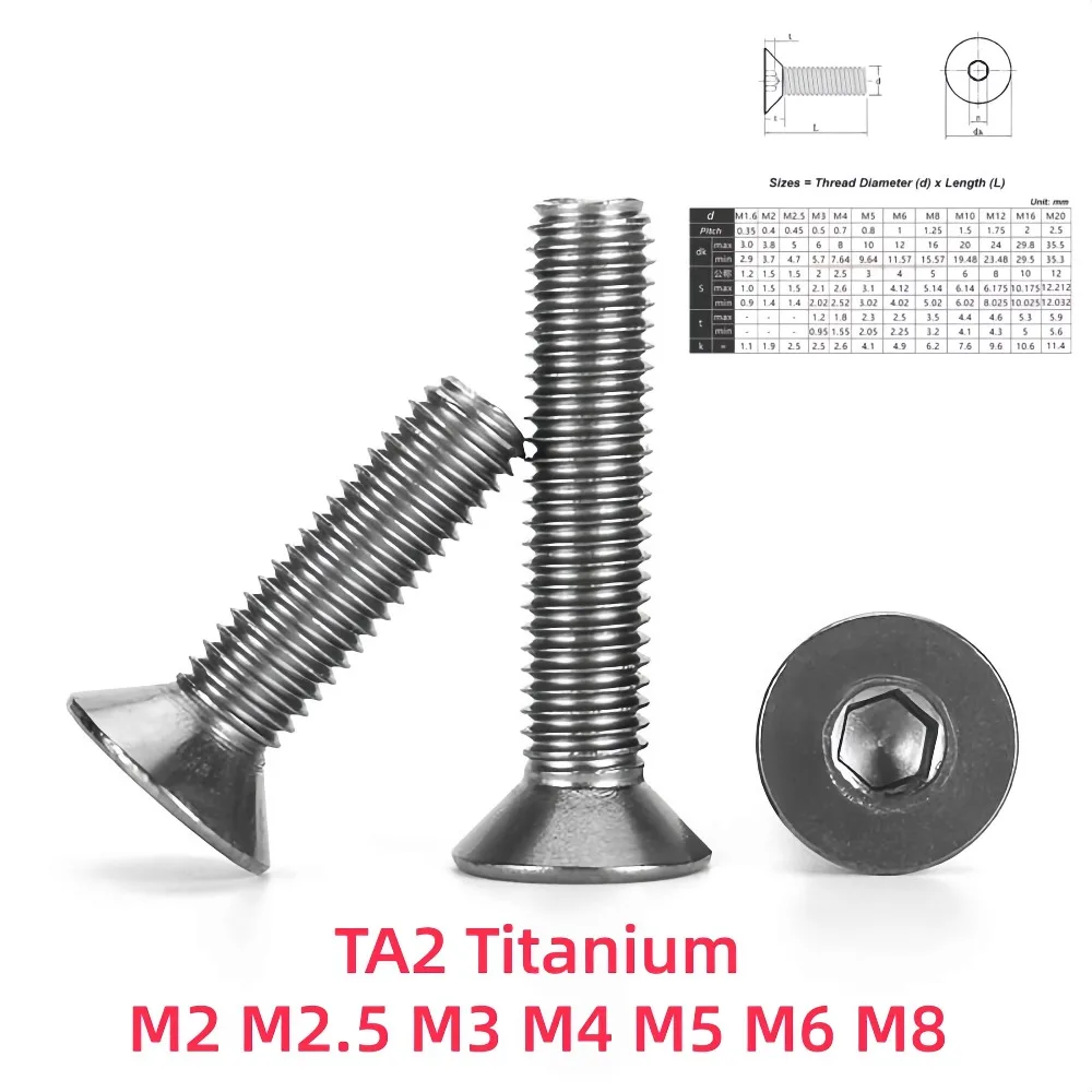 M2-M8 TA2 Pure Titanium Gr2 DIN7991 Hex Socket Flat Head Screws Countersunk Allen Bolts for Aerospace Marine