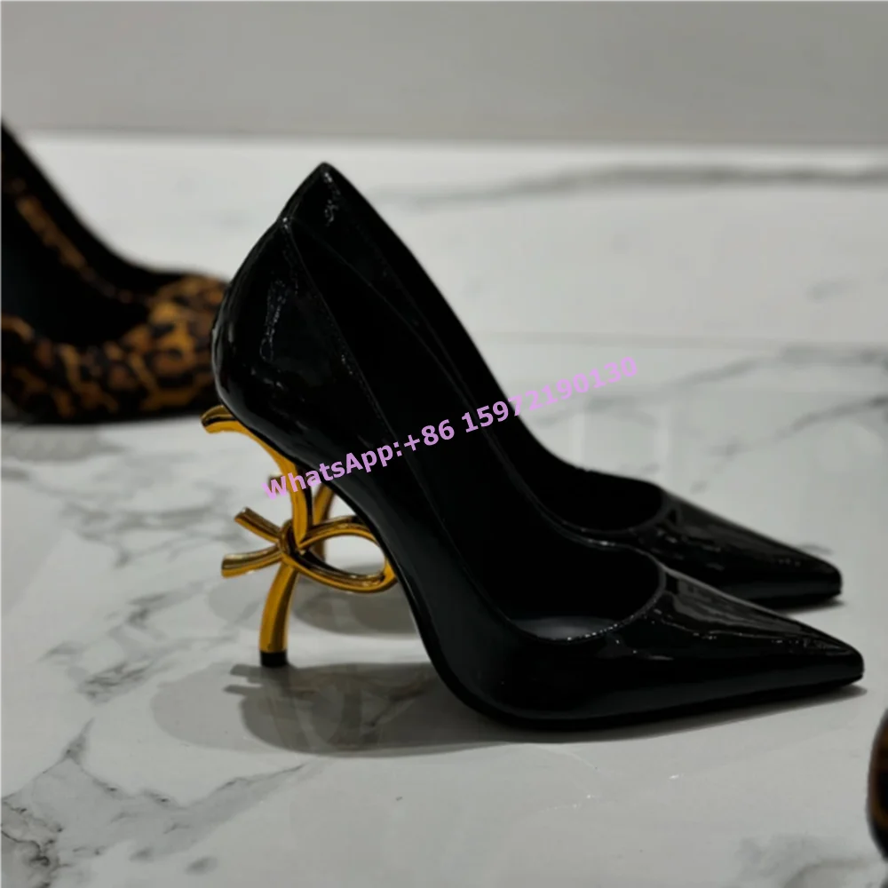 Strange Style Heels Pumps Butterfly Knot Heels Slip On Black Leather Shoes High Quality Official Ladies Leisure Shoes