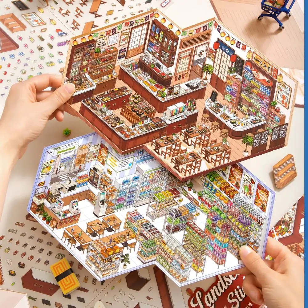 Convenience Store Series Miniature Landscape Sticker PET Large Size 3D Landscape Sticker Cartoon Gift Cabin Scene Sticker