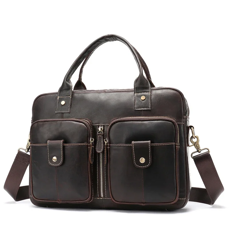 2024 New Vintage Cow Genuine Leather Business Men's Briefcase Male Shoulder Bag Real Leather Men Messenger Bag Tote Computer Bag