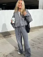 HH Women's Fall 2-Piece Retro Solid Color Zip Bomber Jacket Sweatshirt+High Waist Lace Up Women's Wide Leg Pants Street Wear - Image 4