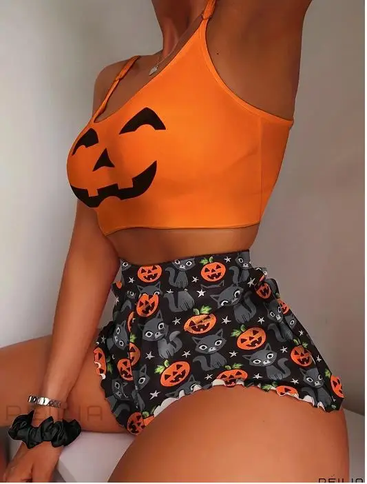 Conjunto de pantalones cortos de Halloween para mujer, cuello redondo, sin mangas, pantalones cortos, trajes con estampado de calabaza y gato negro