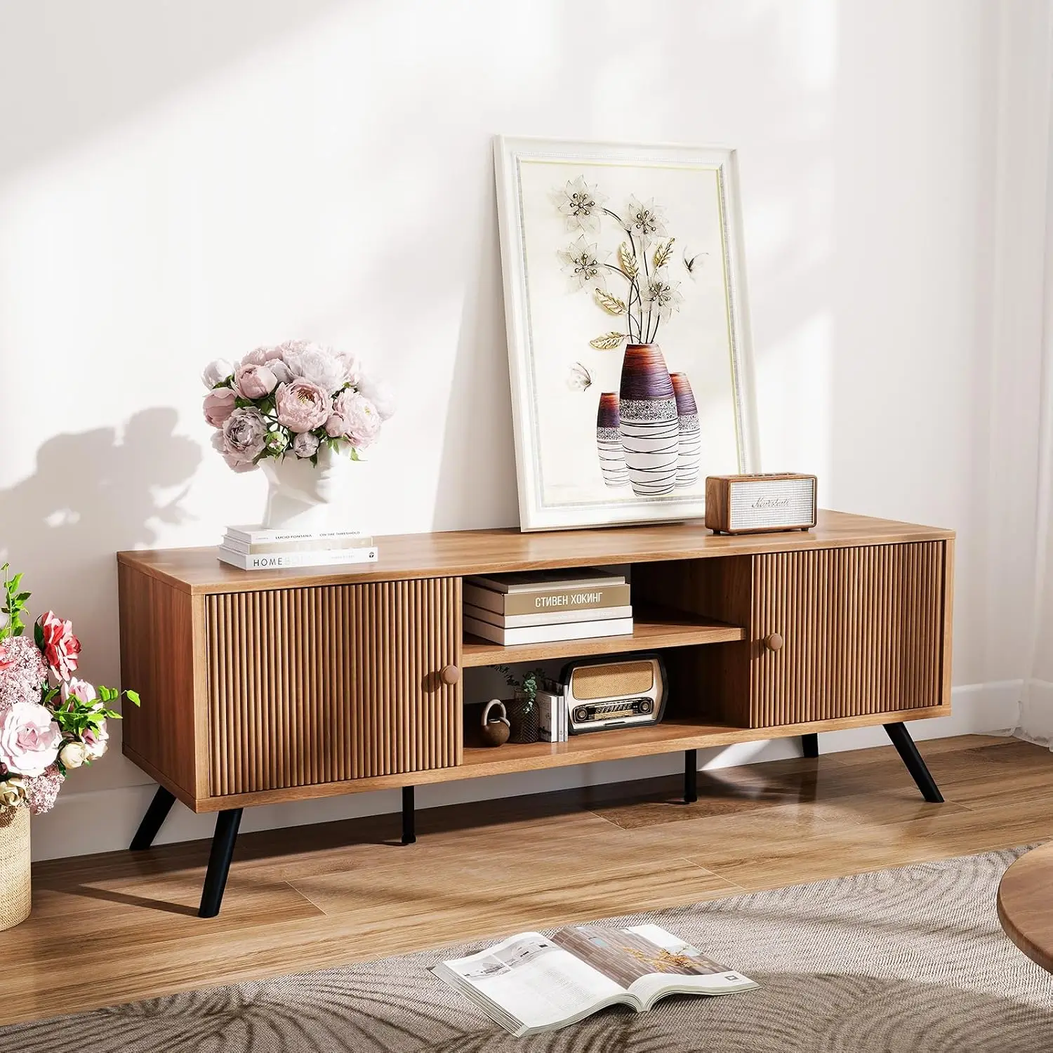 Mid Century Modern TV Stand for 55/65 Inch TV, Fluted Door Cabinet Open Adjustable Shelf Living Room Bedroom, Customized
