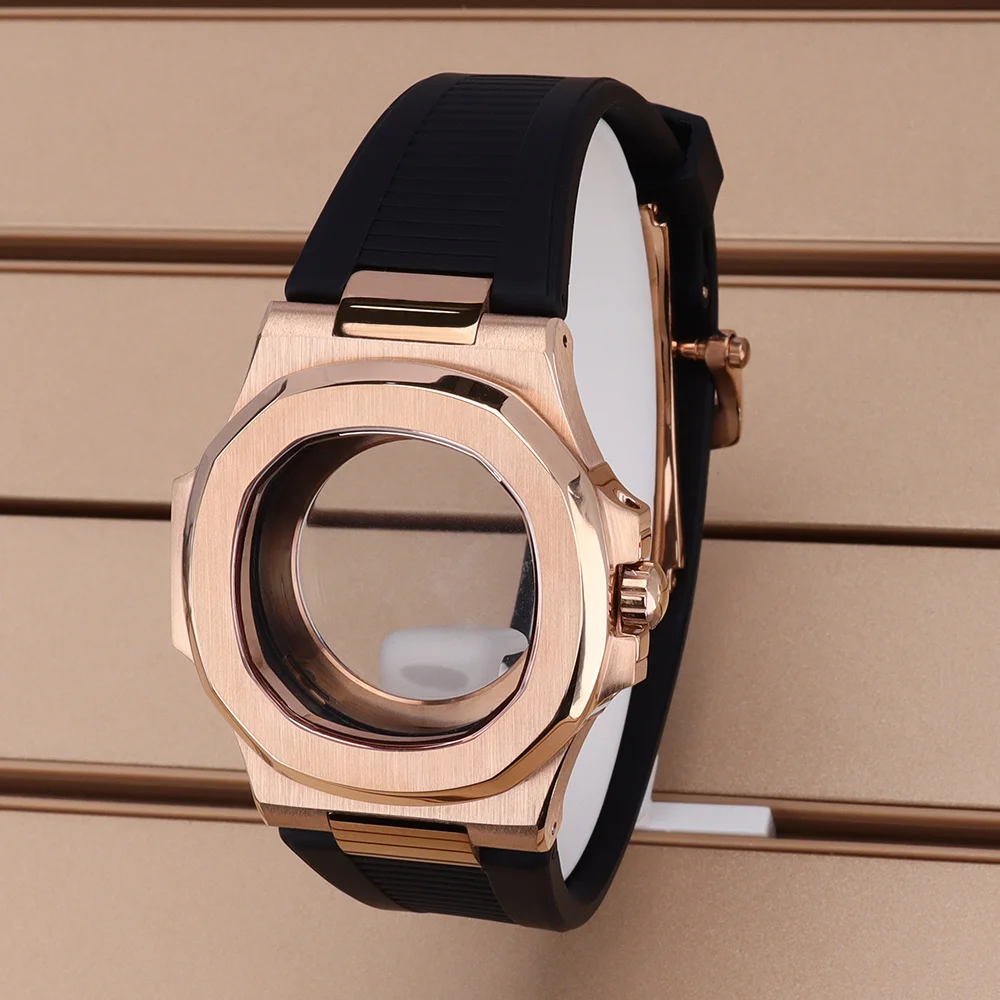40MM Rose Gold Watch Case High Quality Transparent Back Sapphire Glass For Nautilus NH34 NH35 NH36/38 4R36 Movt Watchbands Part
