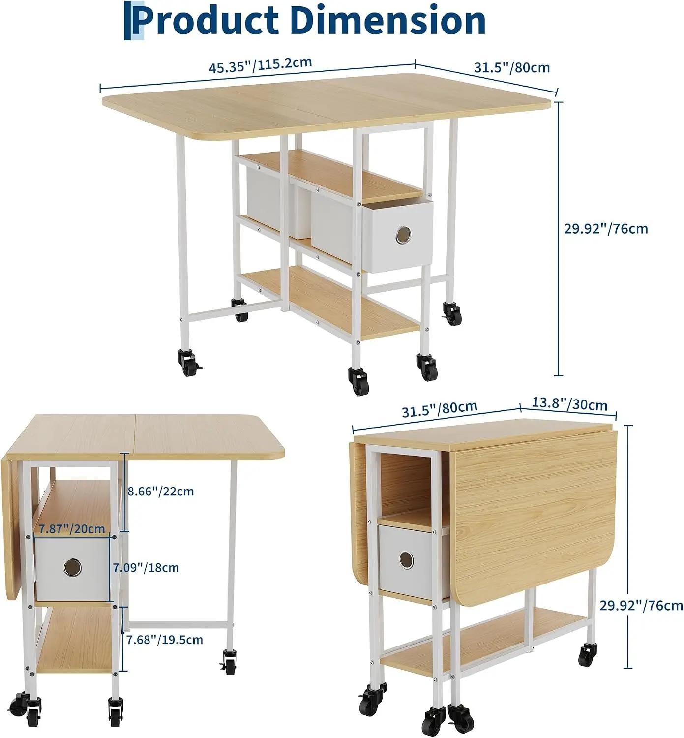 Folding Dining Table with Storage Drawers, Mobile Drop Table | Rolling Drop Leaf Table for 4–6 People, Open Shelf, Wooden Extendable Kitchen