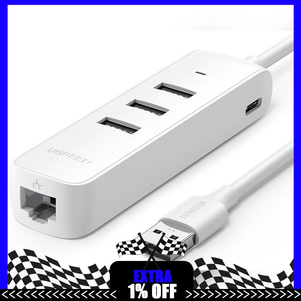 UGREEN 20983 CM416 USB 2.0 Hub with 3 USB Ports 100Mbps Ethernet RJ45 USB-C Auxiliary Power Input White