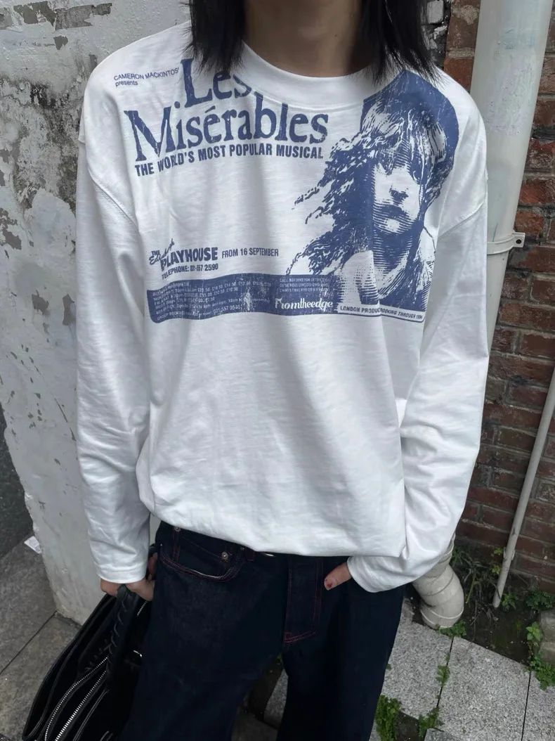 

LesMisrables Music Musical Vintage Weathered Style Long Sleeve T-Shirt Unisex Commute Print Loose Fit round Neck Tee
