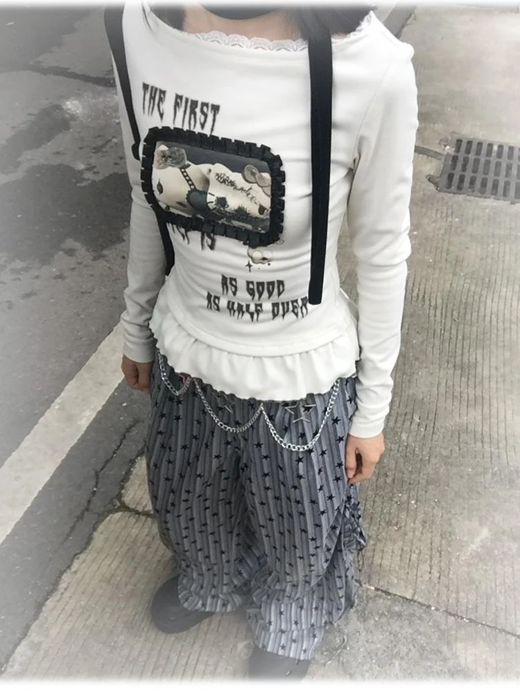 Harajuku kreslený tisk roztomilá trička pouliční oblečení štíhlý odpovídat y2k estetická nabíranou podzim košile ženy grunge blace patchwork topy