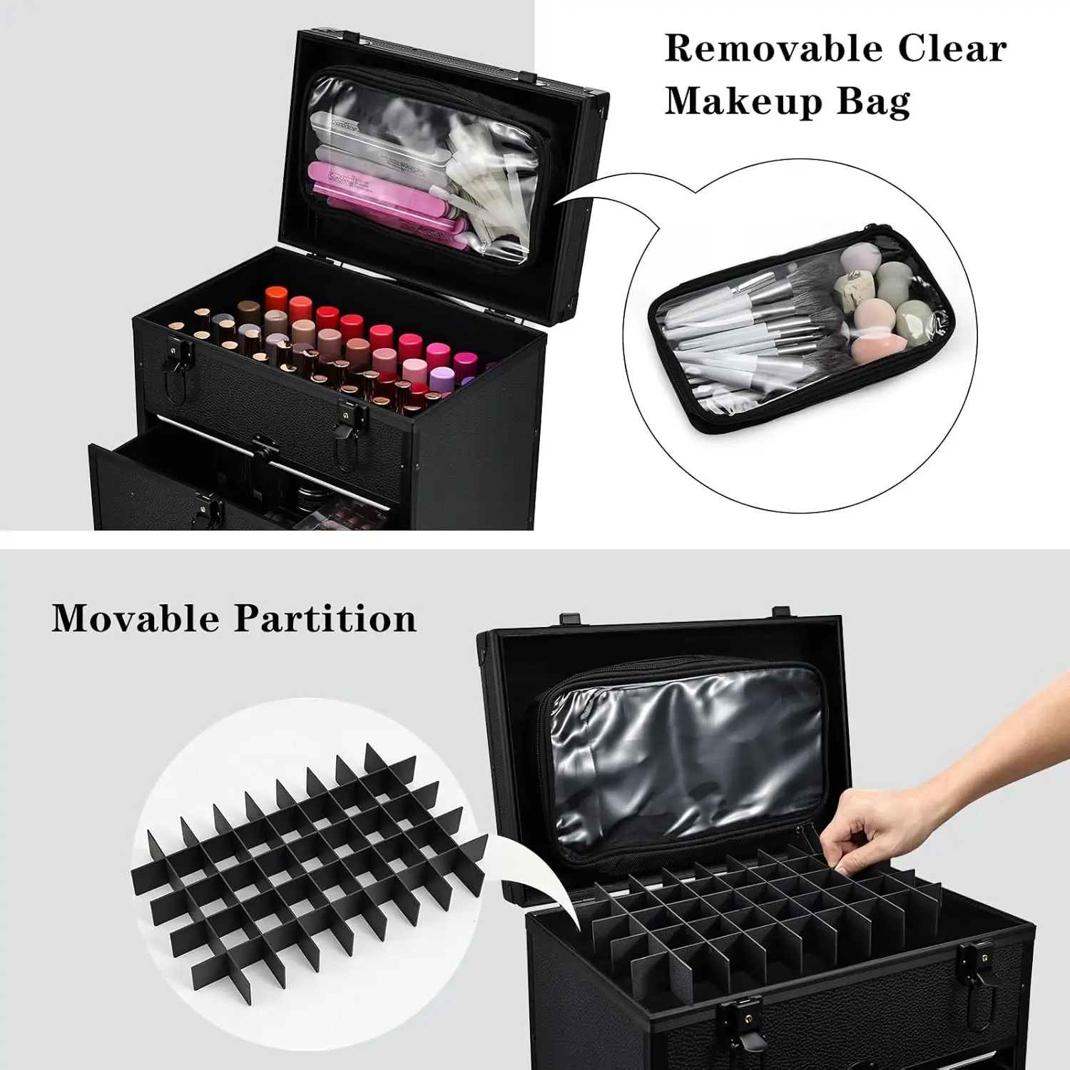 Rolling Makeup Train Case with 2 Extra Large Drawers Nail Organizer Case with Wheels Traveling Cosmetology Case with Makeup