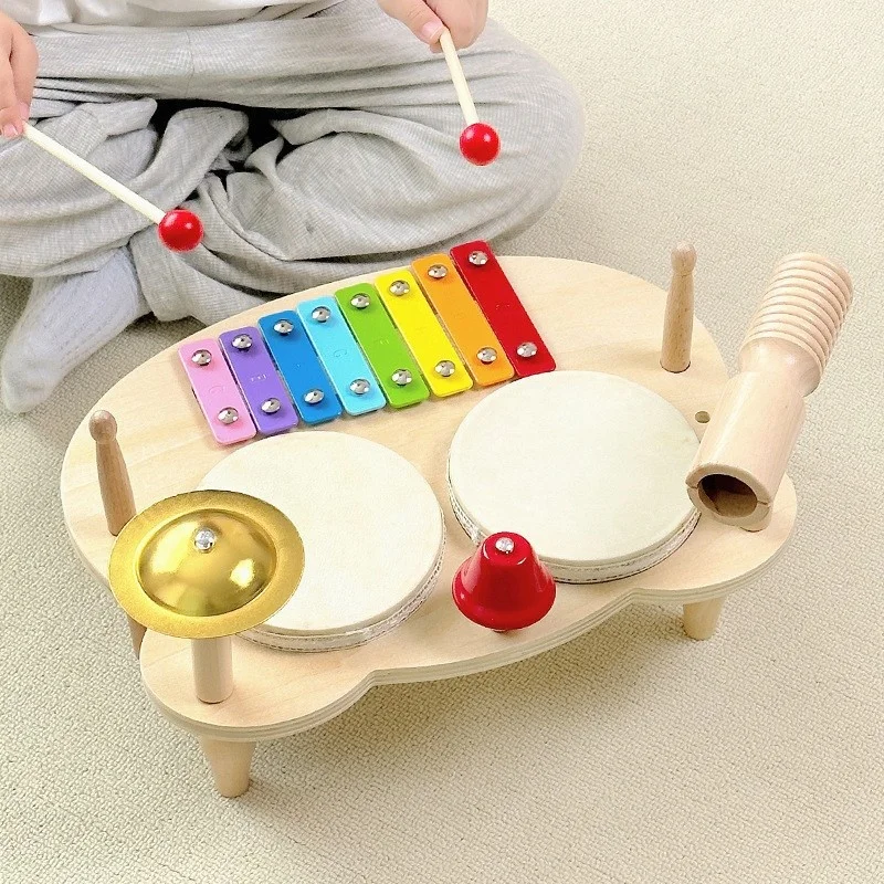 Aovow Wooden Multifunctional Percussion Instrument Xylophone Hand Drum Cymbal Guiro Solid Wood For Indoor Music Practice