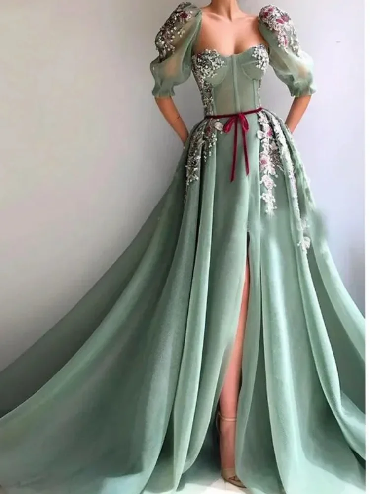 Saudi Arabian Women\'s Muslim Mint Green Sweetheart Ball Dress Waist Belt High Waist Lace A-line Long Evening Dress