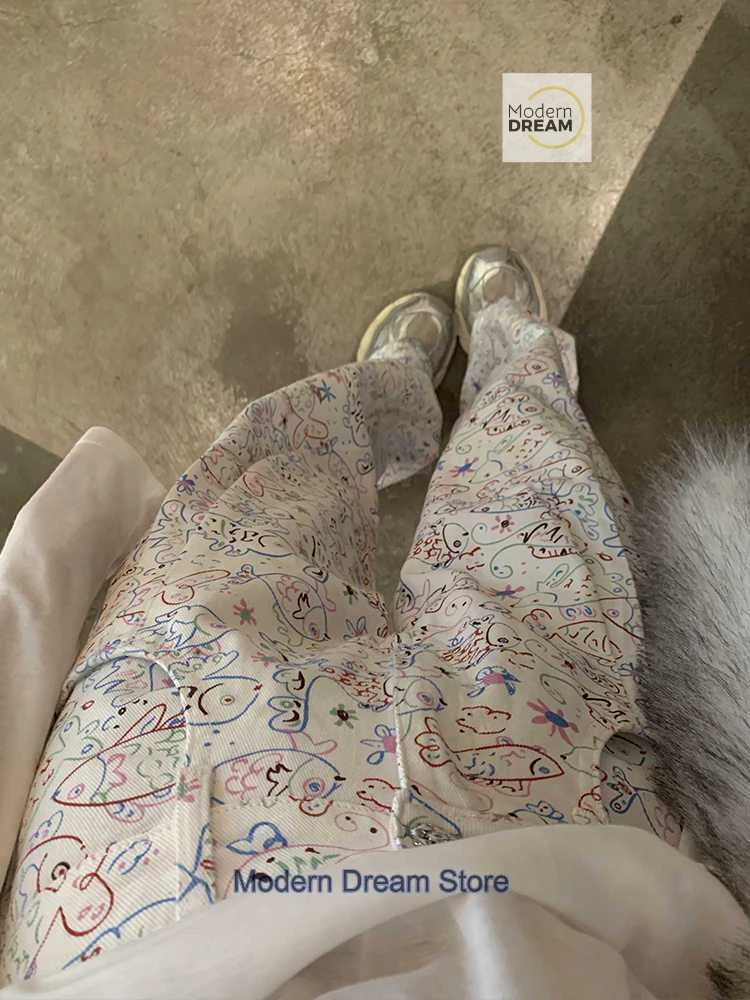 American high street design graffiti printed straight pants female summer fashion temperament niche casual loose wide-leg pants.