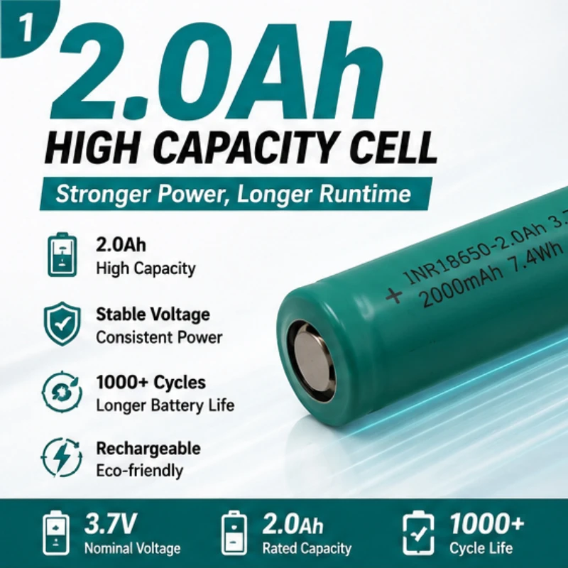 3.7V 2000mAh High Drain 18650 Li-ion Rechargeable Battery Cell for Power Tool Flashlight DIY Pack Replacement 18650 Battery Cell