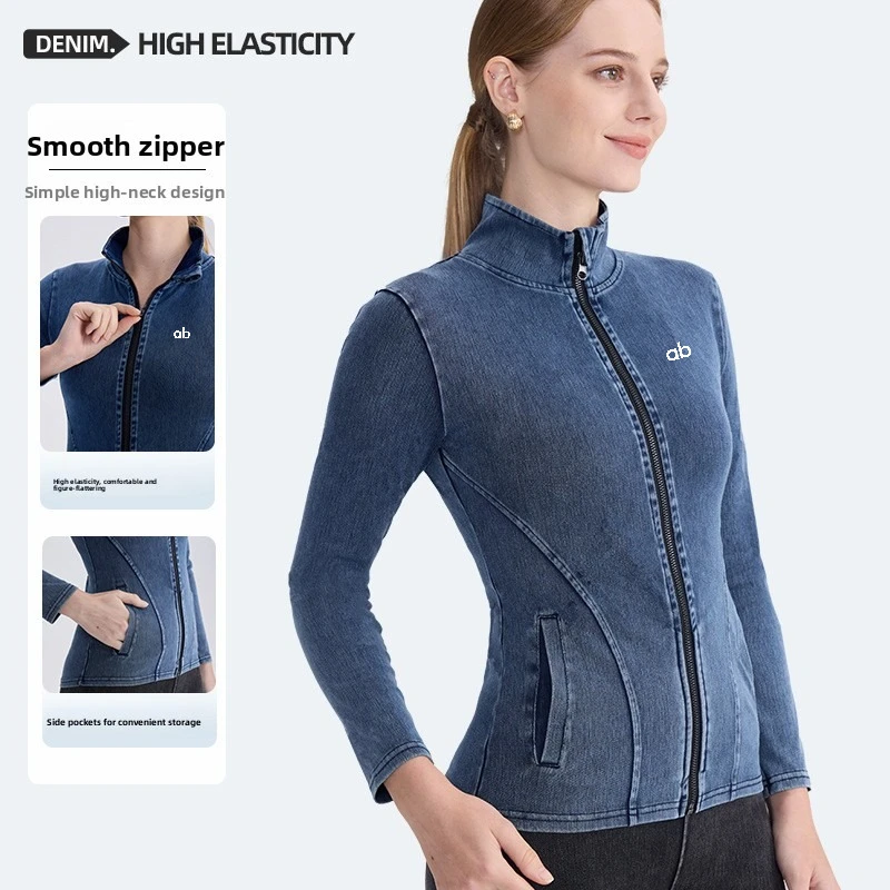 2026 Zip‑Up Denim Yoga Jacket Women Half High Collar Slim Fit Dual Pockets Long Sleeve Gym Sports Outerwear For Autumn Winter